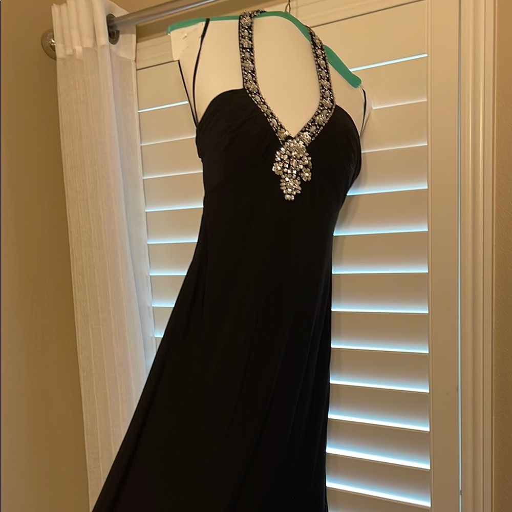 Elegant Black Halter Dress with Rhinestone Detail